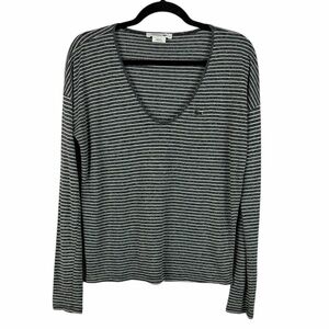 Lacoste Gray White Striped V-Neck Long Sleeve Top Size 36 Crocodile Logo